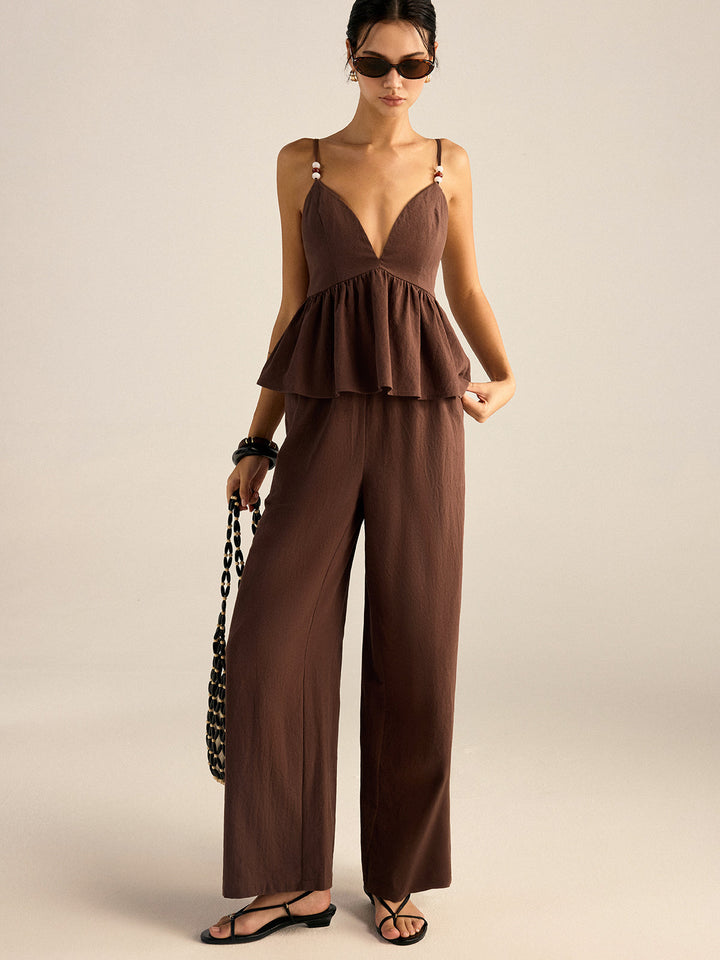 Cotton Peplum Beaded Straps Top and Pants set