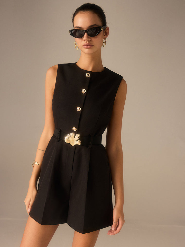 Metal Button Belted Jumpsuit