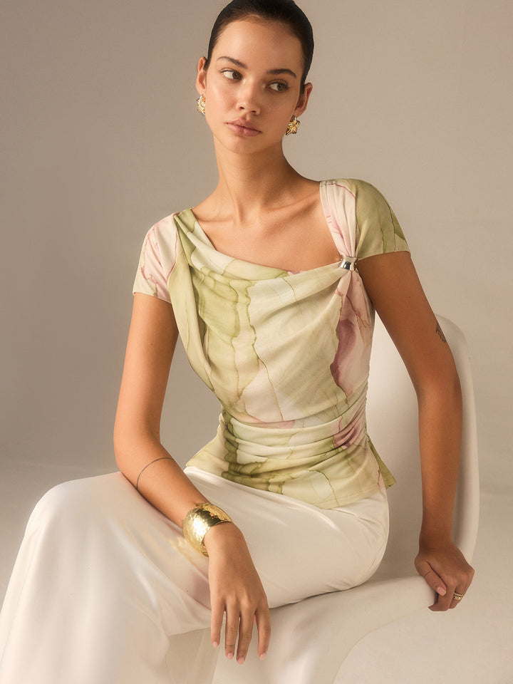 Print Asymmetric Neckline  Top