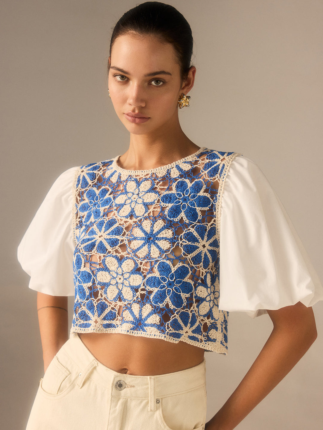 Crochet Floral Top with Puff Sleeves Panel
