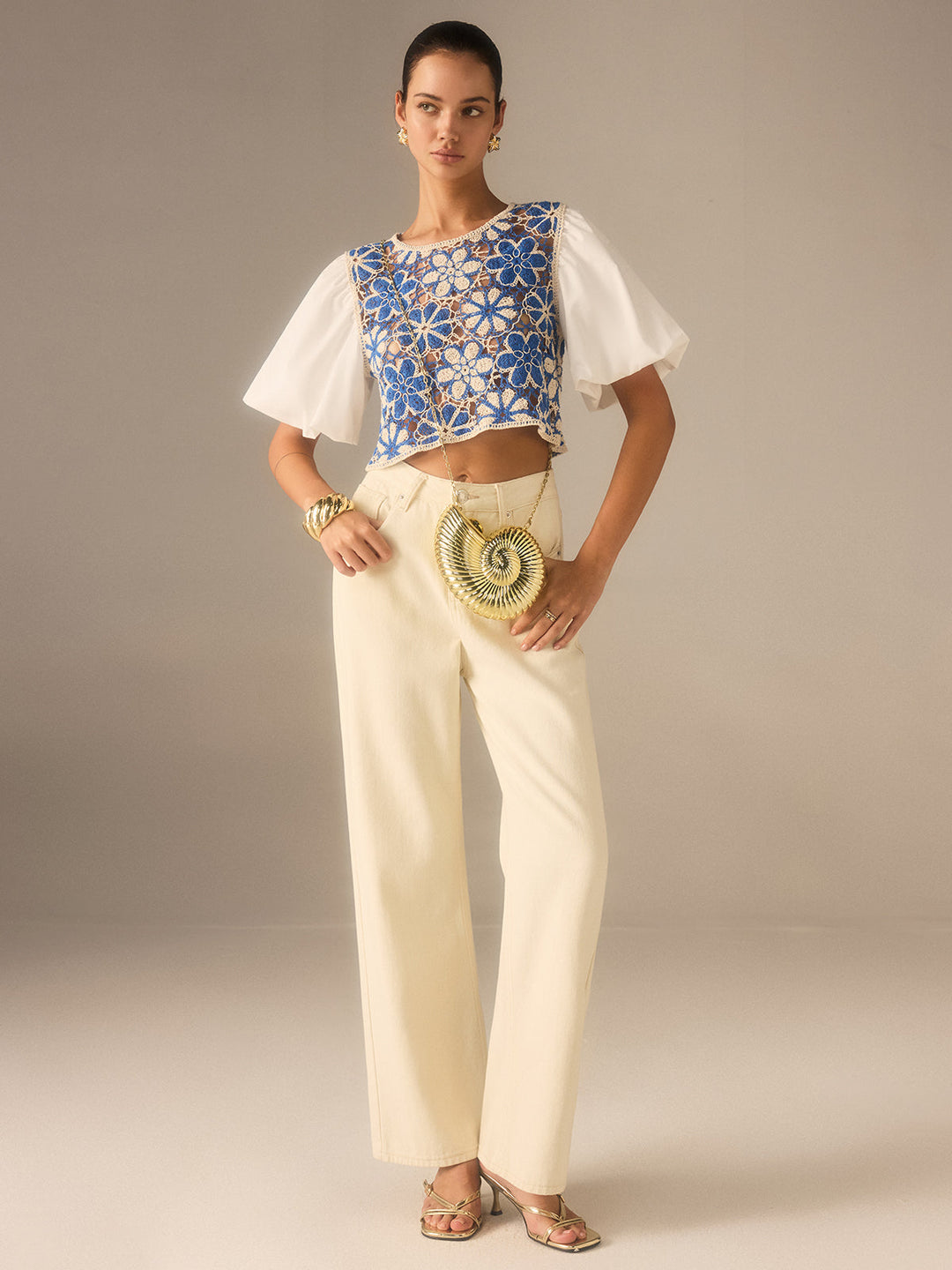 Crochet Floral Top with Puff Sleeves Panel