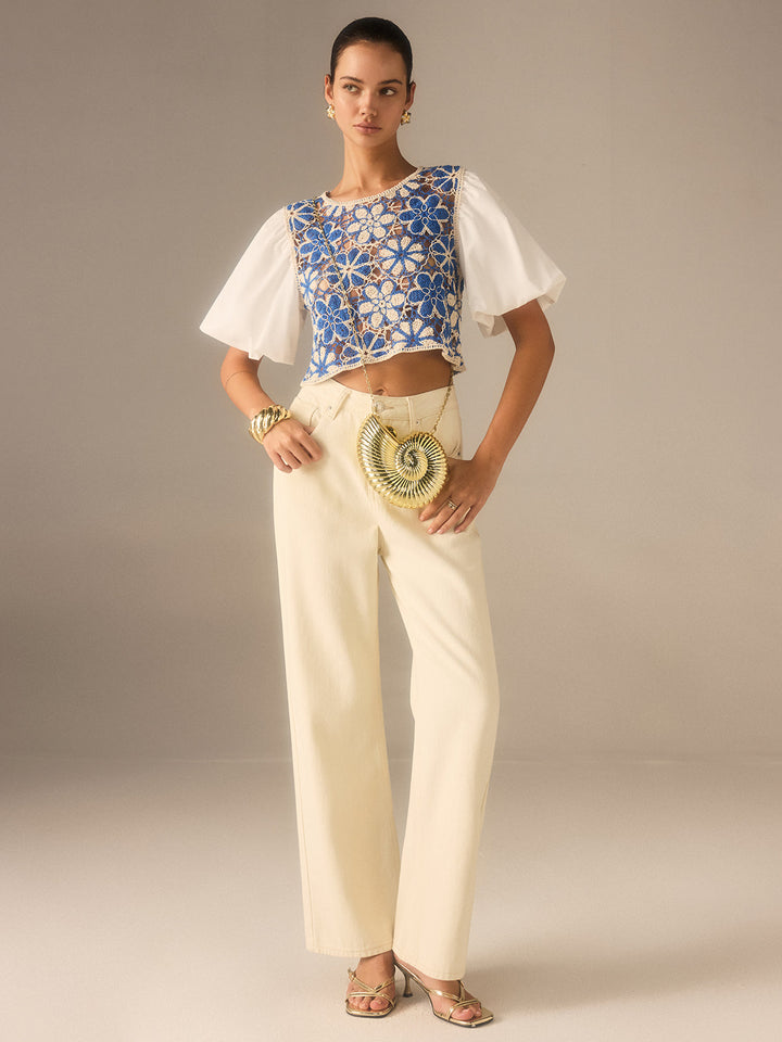Crochet Floral Top with Puff Sleeves Panel