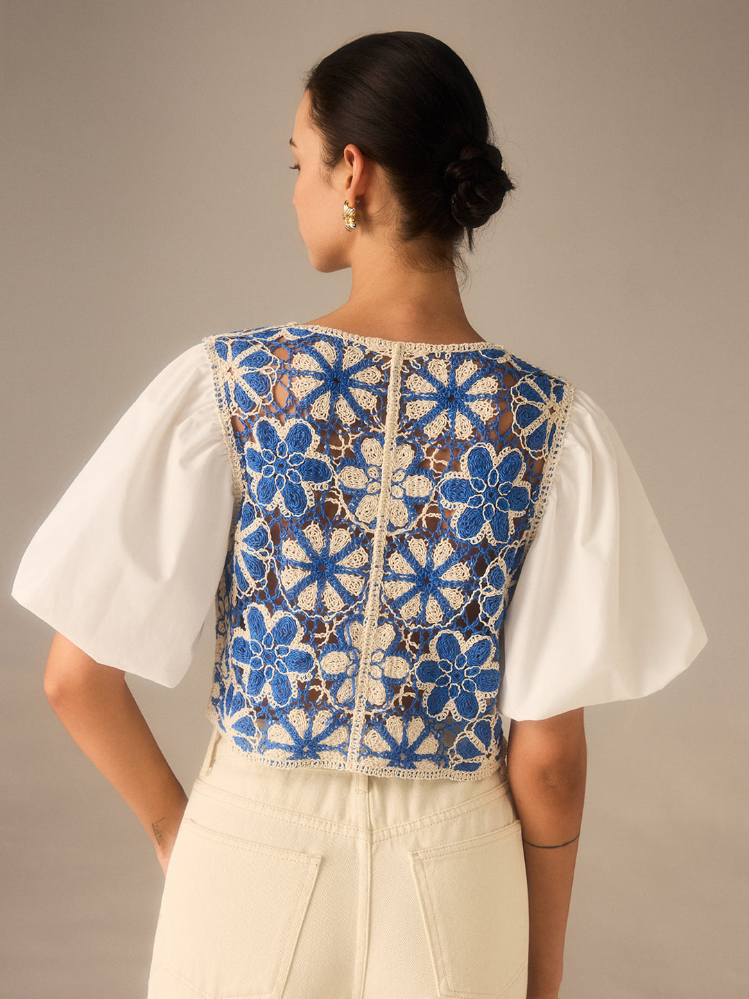 Crochet Floral Top with Puff Sleeves Panel