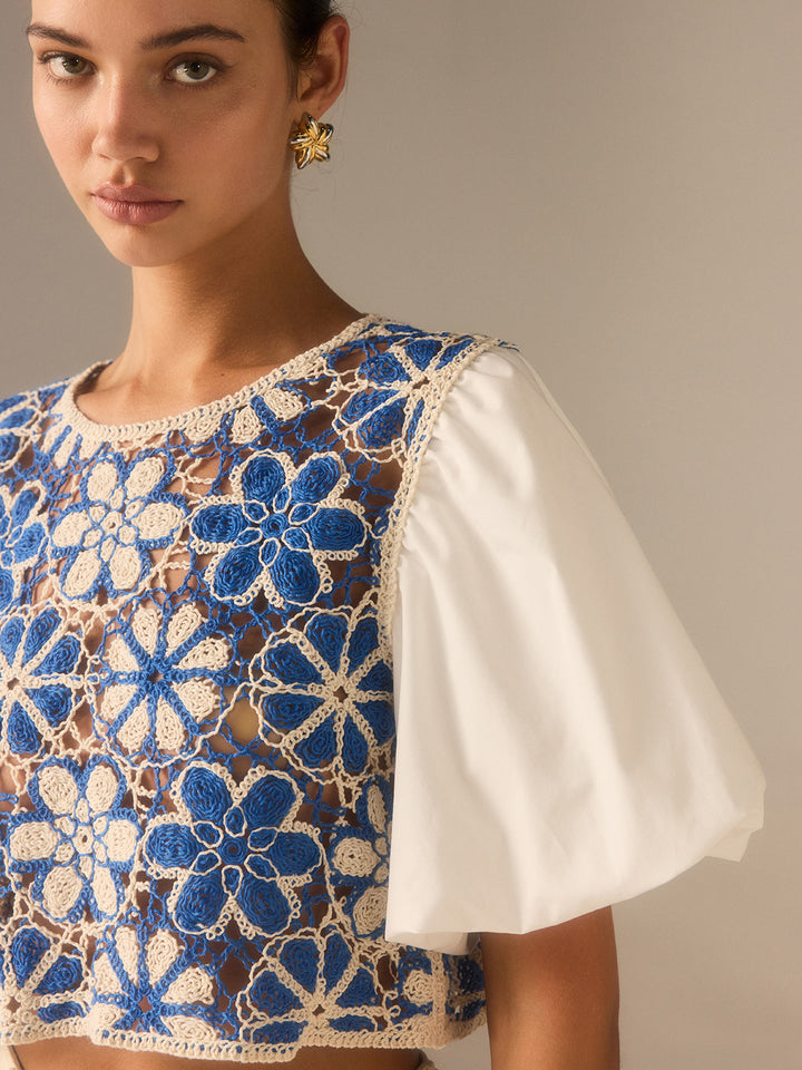 Crochet Floral Top with Puff Sleeves Panel
