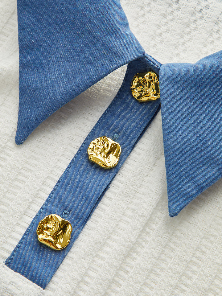 Denim-Collar Knit Polo Top with Metal Button
