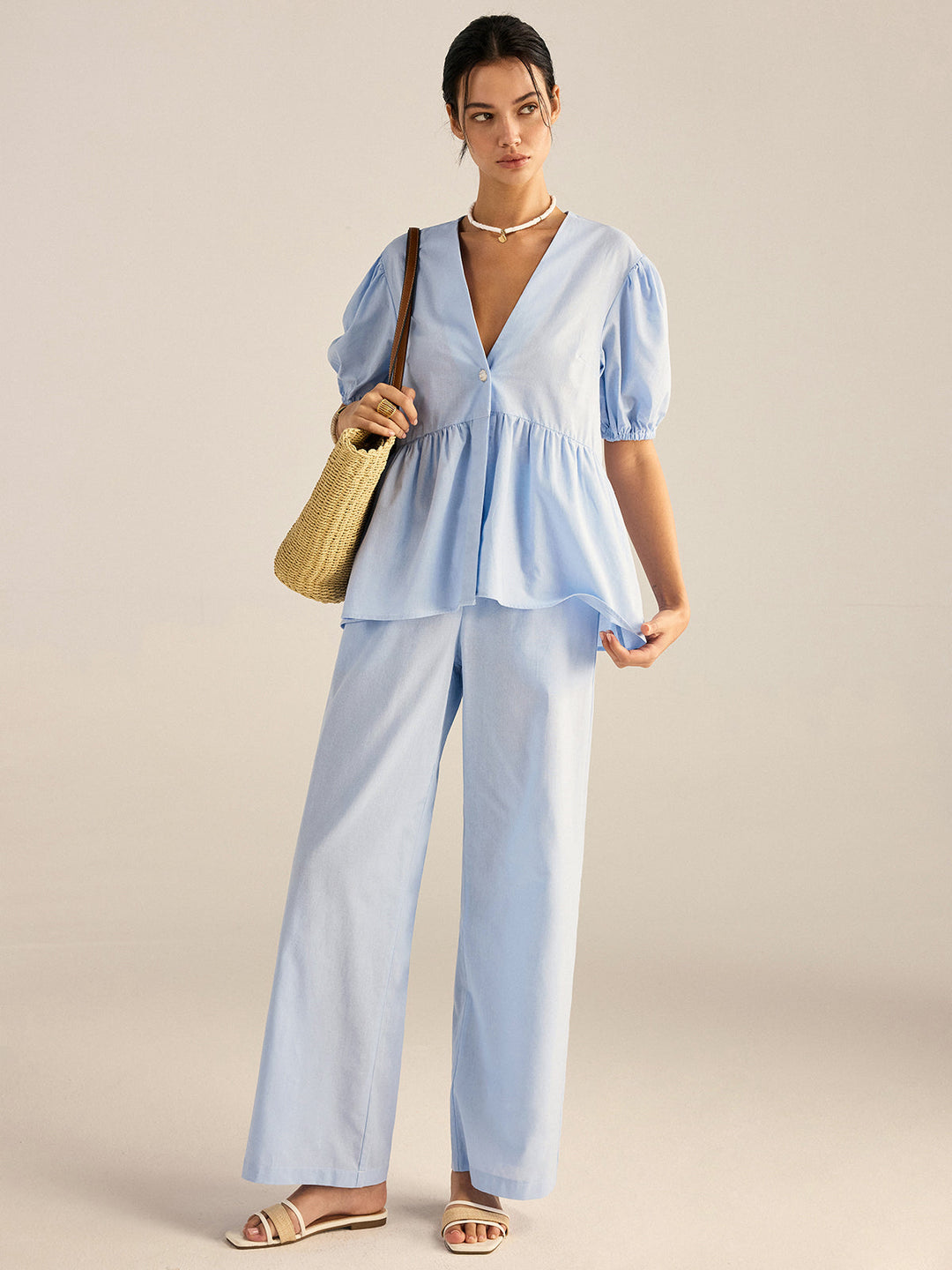 Cotton Peplum Top and Pants Set