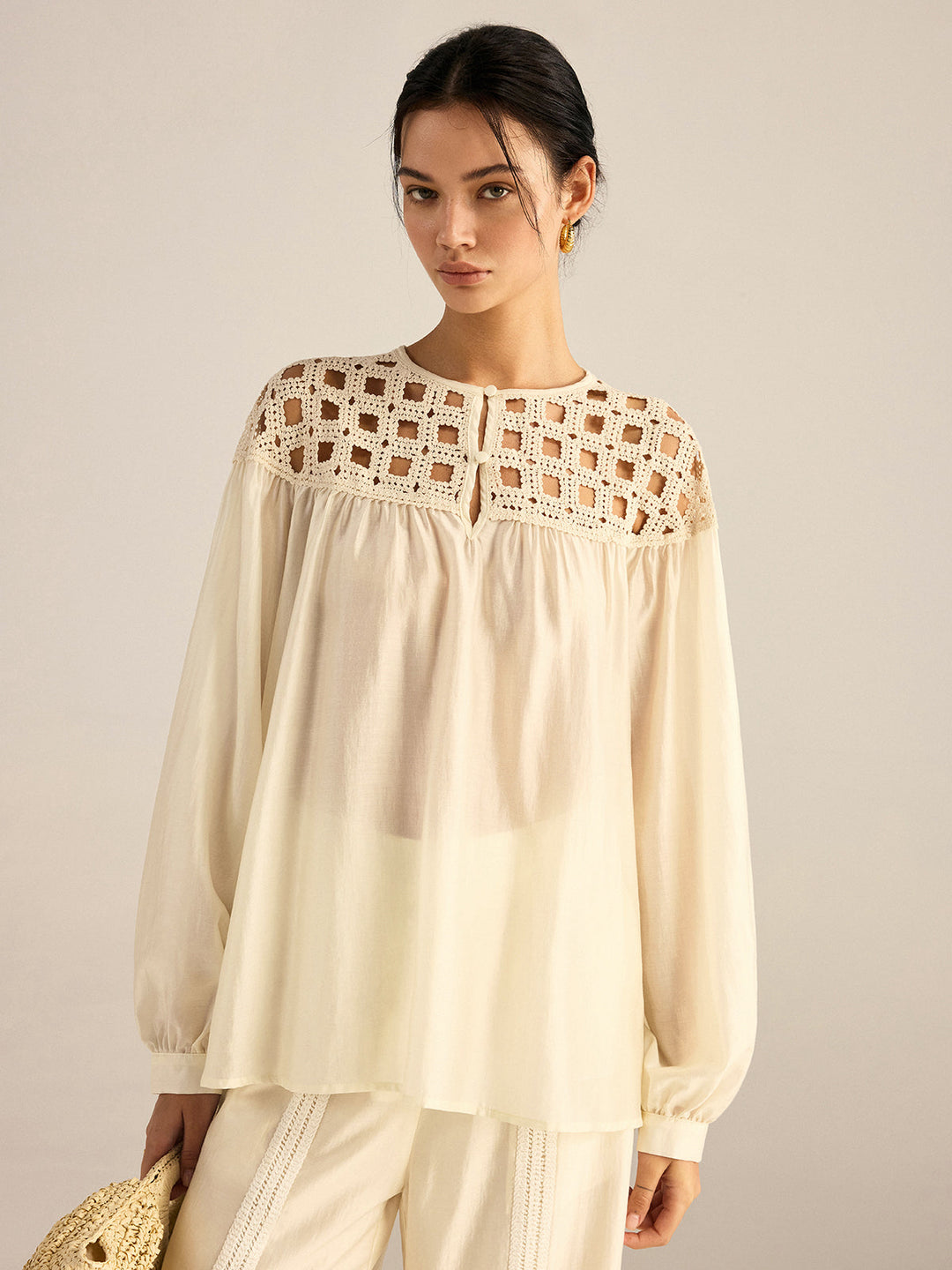 Semi-Sheer Crochet Tencel Blouse