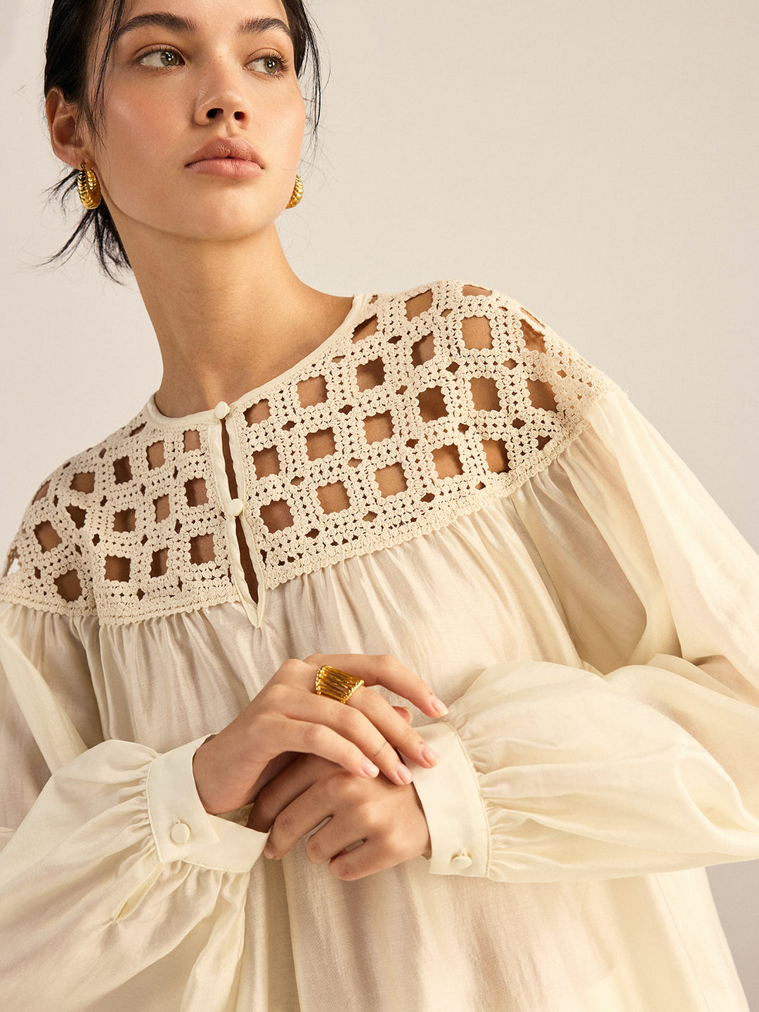Semi-Sheer Crochet Tencel Blouse