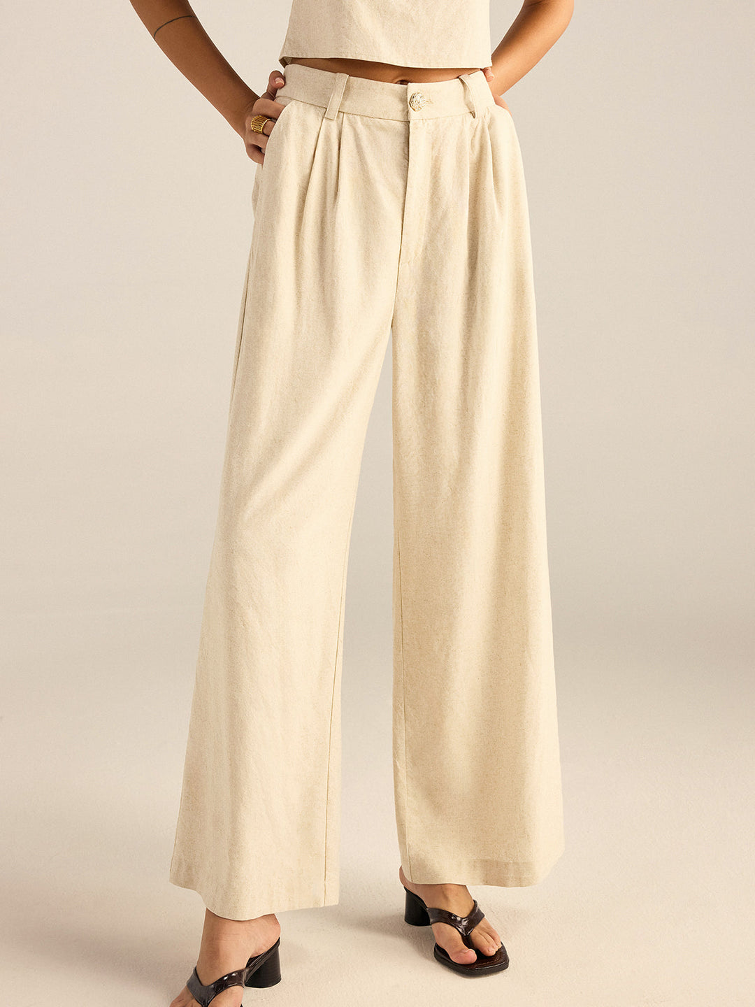 Cotton & Linen Puff-Sleeves Bow-Back Top and Pants Set