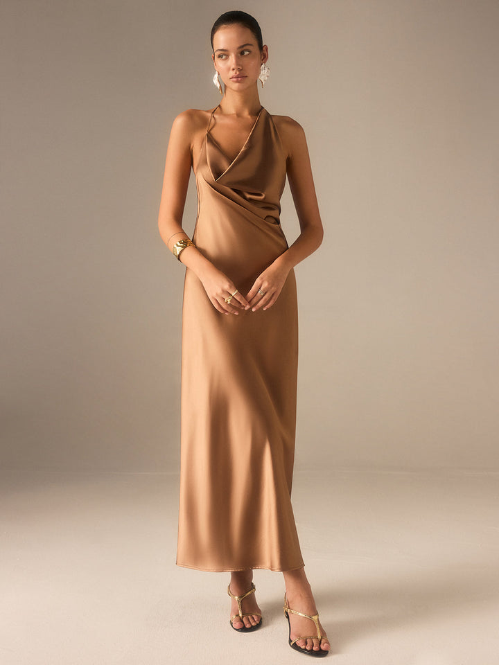 Satin Halter-Neck Backless Maxi Dress