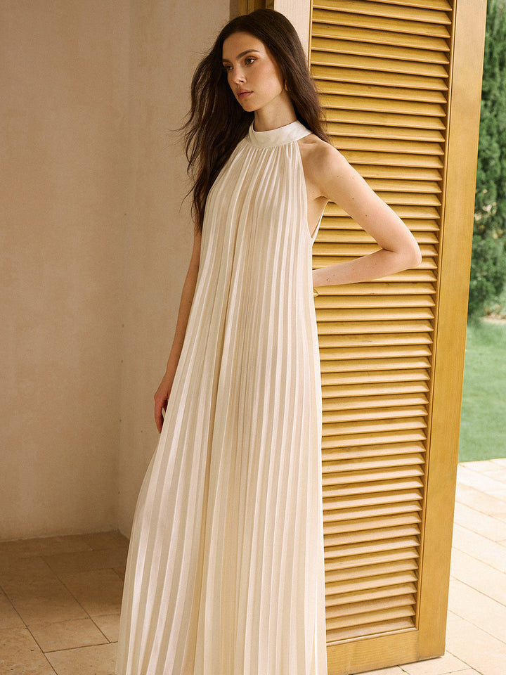 Satin High-Neck Pleated Maxi Dress