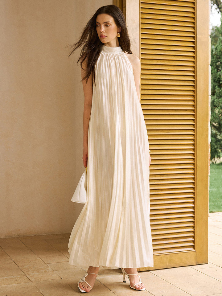 Satin High-Neck Pleated Maxi Dress