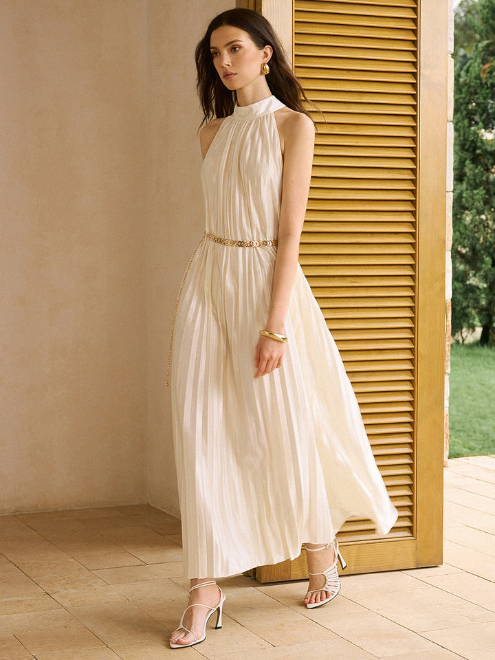 Satin High-Neck Pleated Maxi Dress