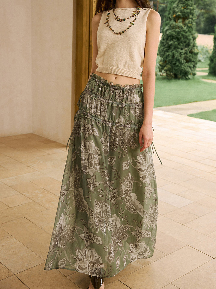 Boho Print Chiffon Maxi Skirt with Ruffle Details
