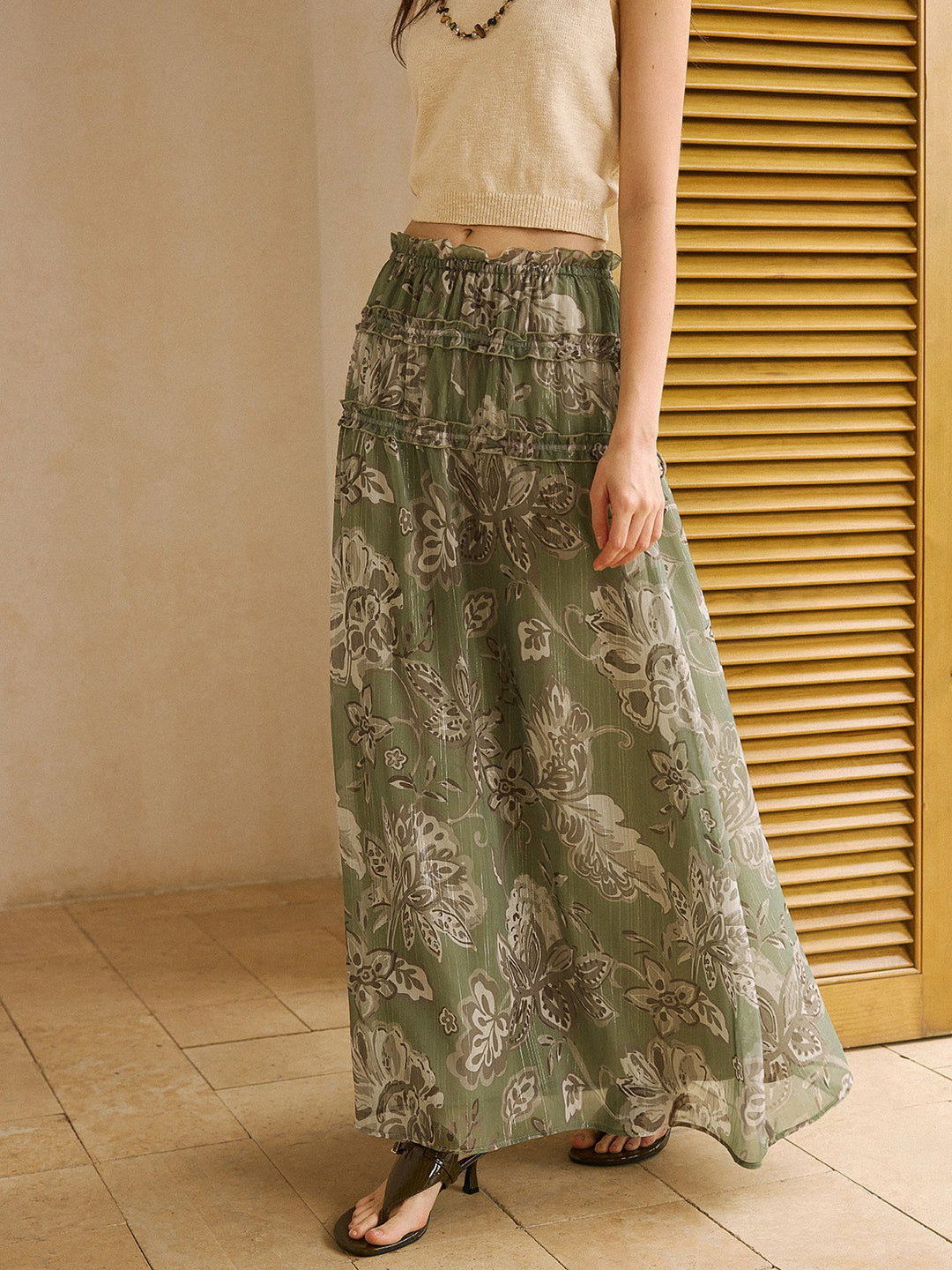 Boho Print Chiffon Maxi Skirt with Ruffle Details