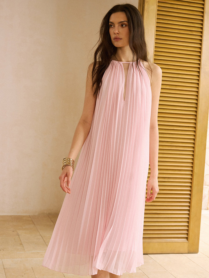 Semi-Sheer Pleated Cut-Out Midi Dress