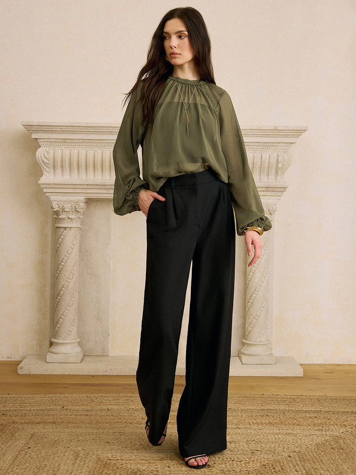 Semi-Sheer Chiffon Lace Trim Blouse