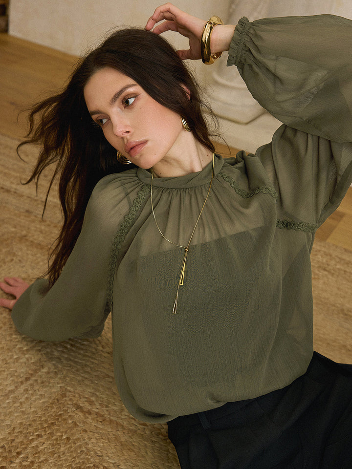 Semi-Sheer Chiffon Lace Trim Blouse