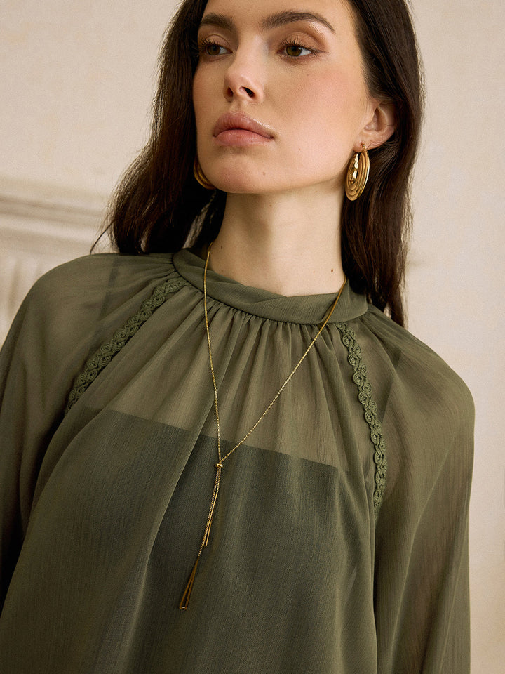 Semi-Sheer Chiffon Lace Trim Blouse