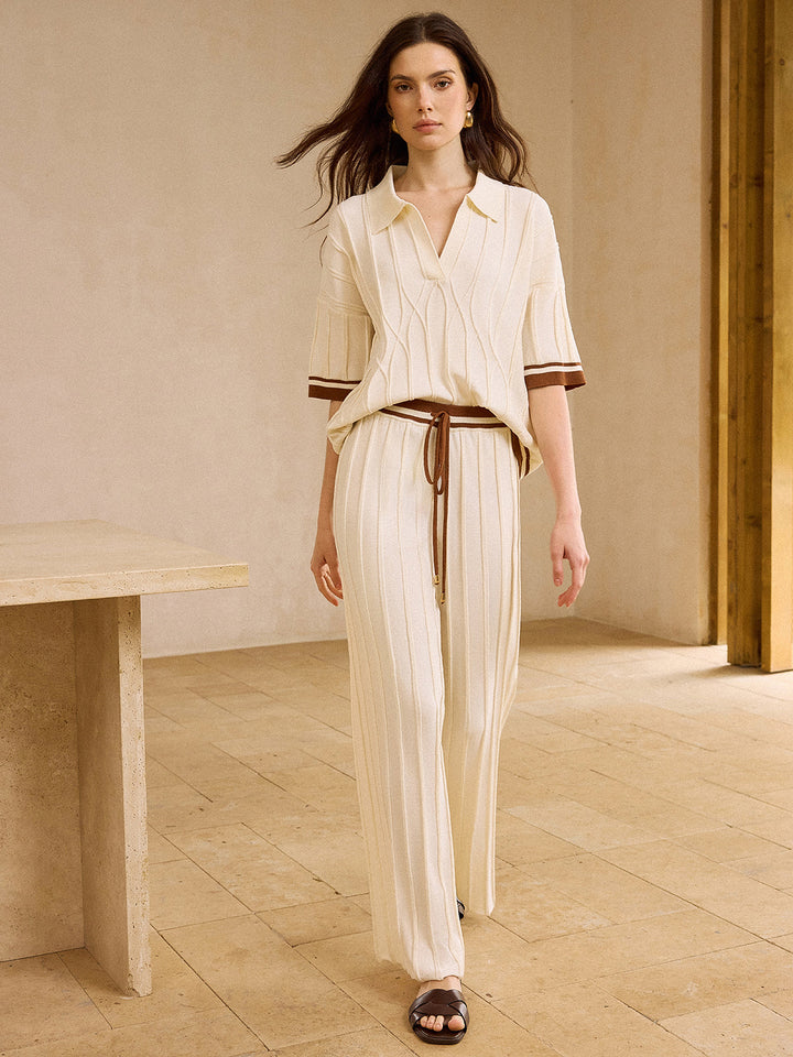 Contrast-Trimmed Polo Neck Top and Drawstring Straight-Leg Pants Set
