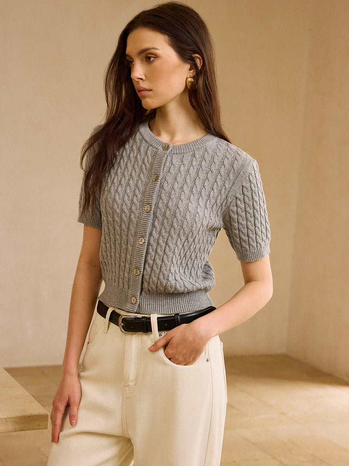 Cable Knit Short-Sleeve Cardigan