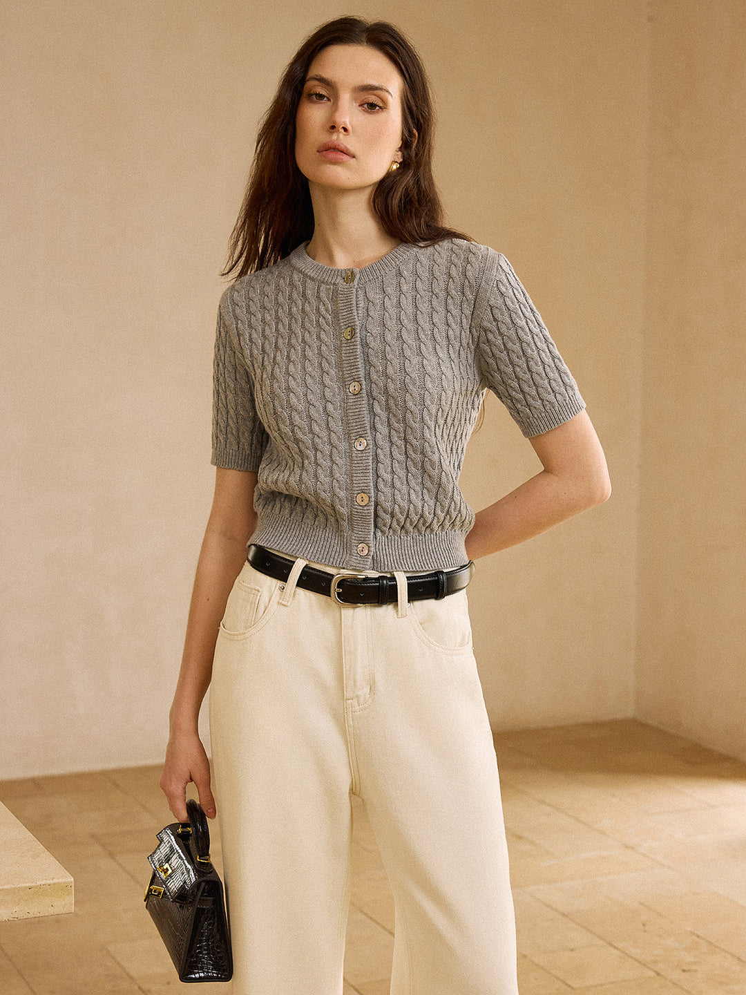 Cable Knit Short-Sleeve Cardigan