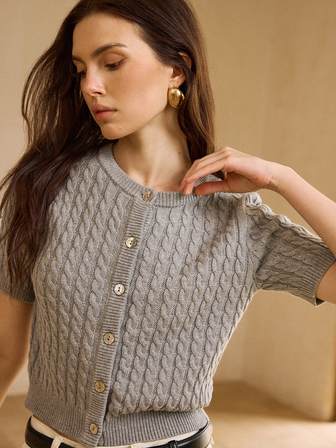 Cable Knit Short-Sleeve Cardigan