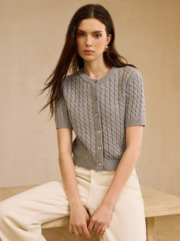 Cable Knit Short-Sleeve Cardigan