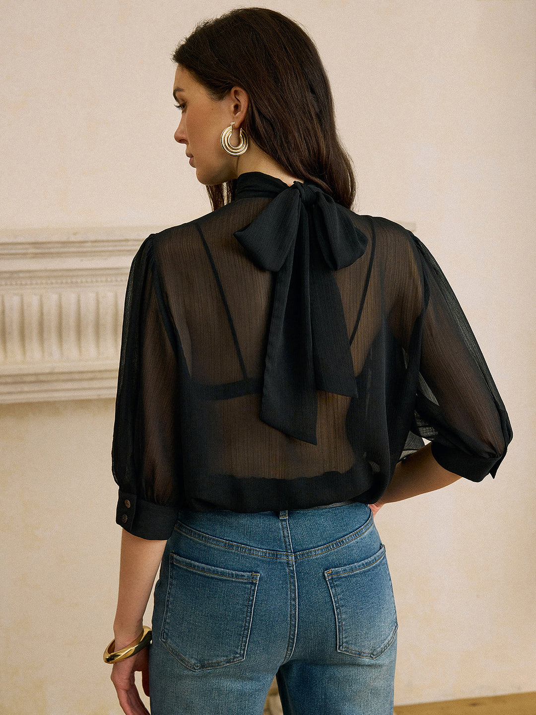 Sheer Chiffon Blouse with Back Bow Detail