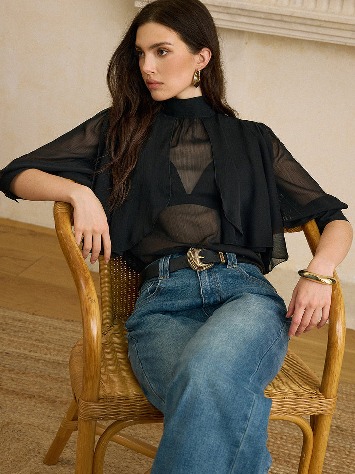 Sheer Chiffon Blouse with Back Bow Detail