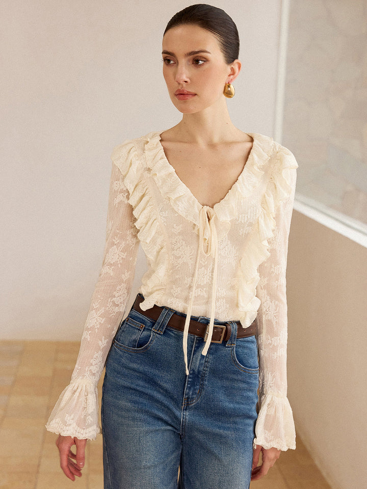 Semi-Sheer Lace Ruffle Trim V-Neck Blouse