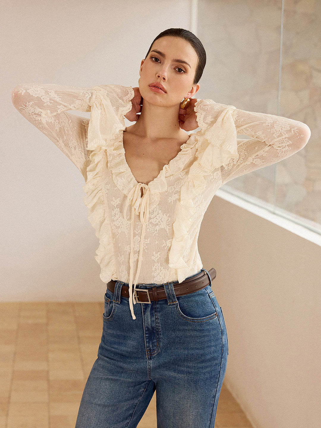 Semi-Sheer Lace Ruffle Trim V-Neck Blouse