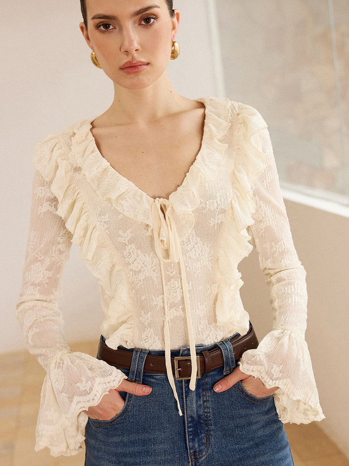 Semi-Sheer Lace Ruffle Trim V-Neck Blouse