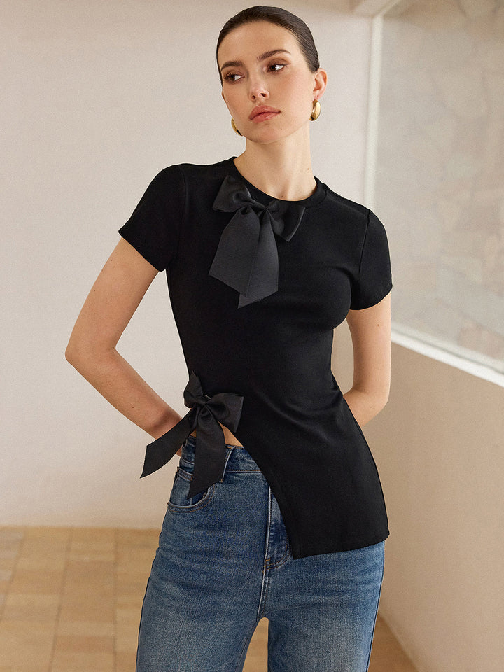 3D Bow-Detailed Top with Asymmetric Hem