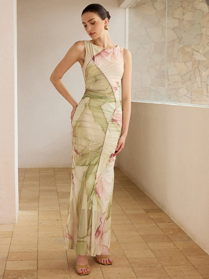 Printed Semi-Sheer Mesh Maxi Dress