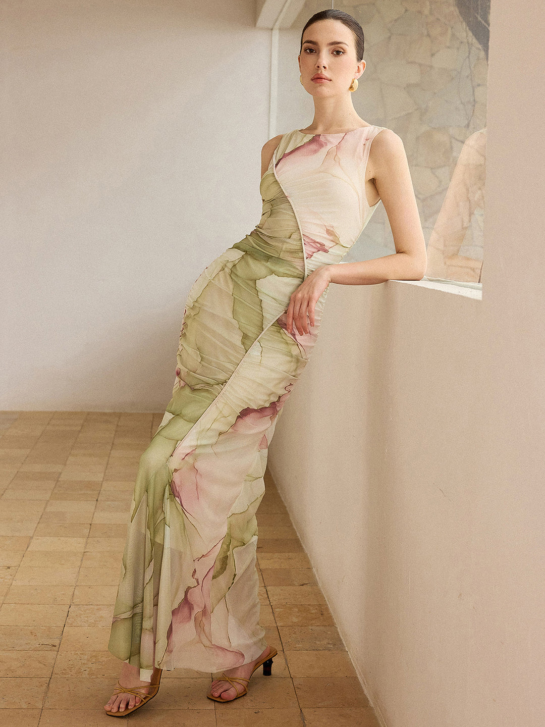 Printed Semi-Sheer Mesh Maxi Dress