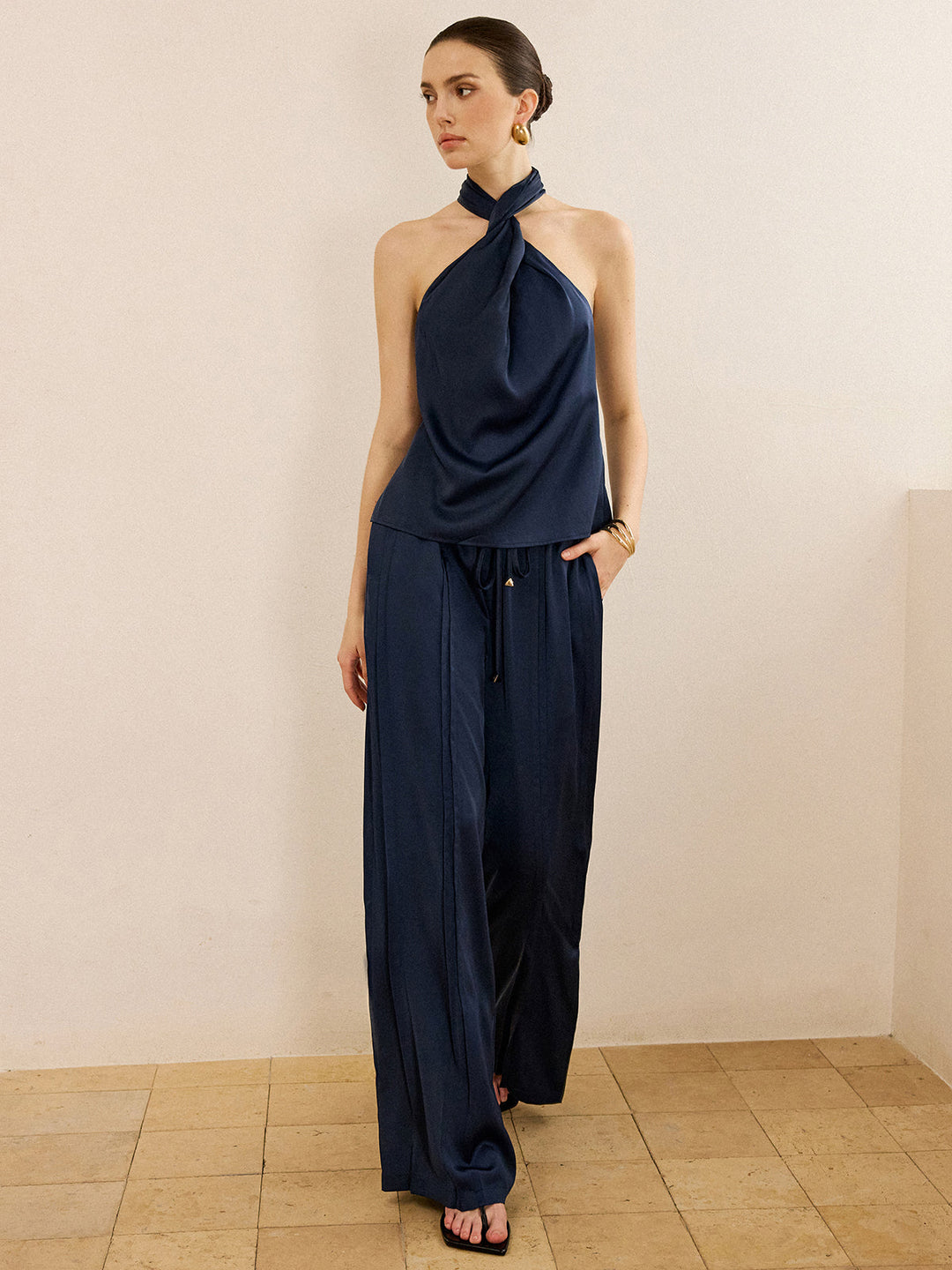 Satin Halter Neck Top and Wide-Leg Pants Set