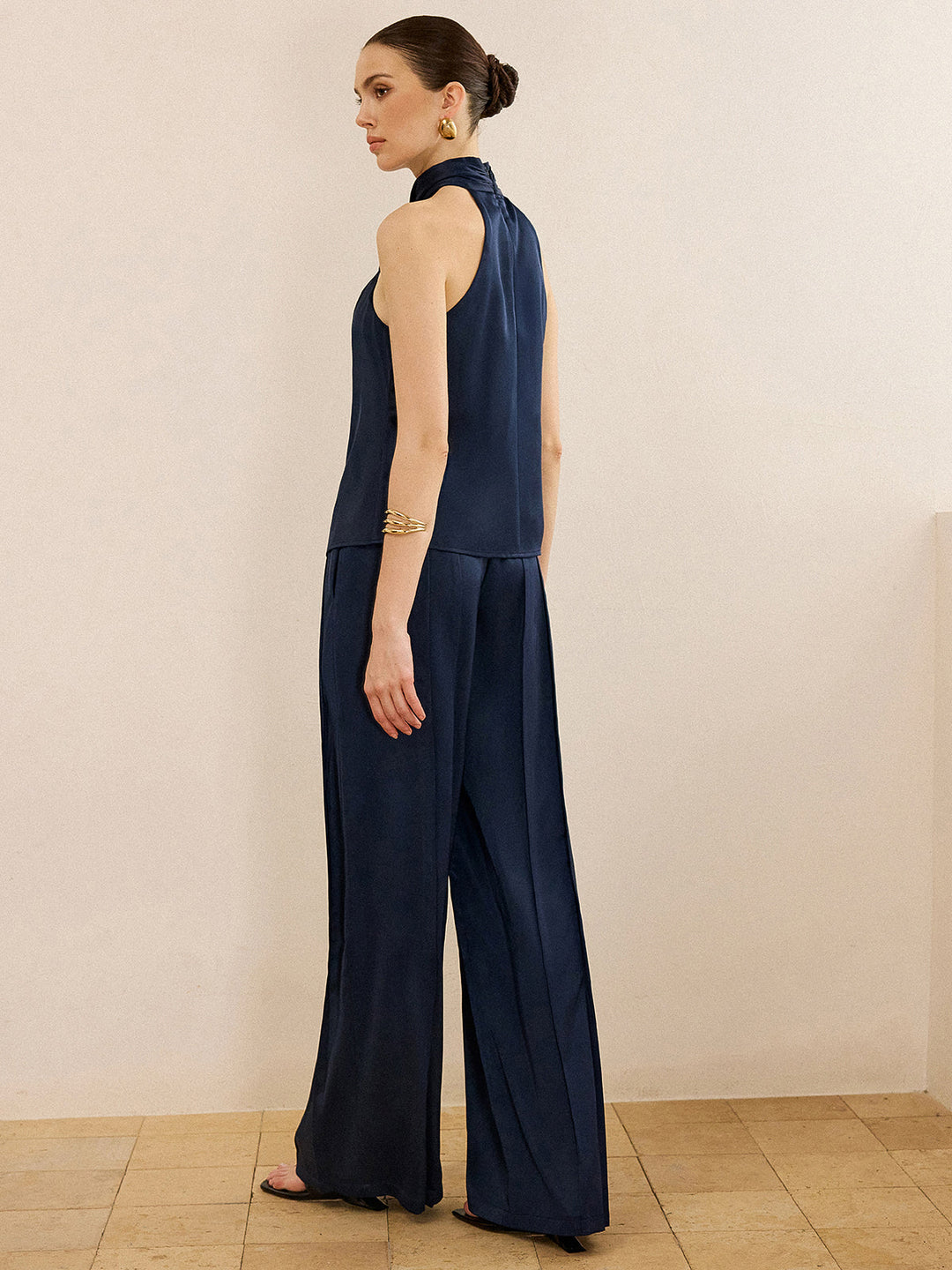 Satin Halter Neck Top and Wide-Leg Pants Set