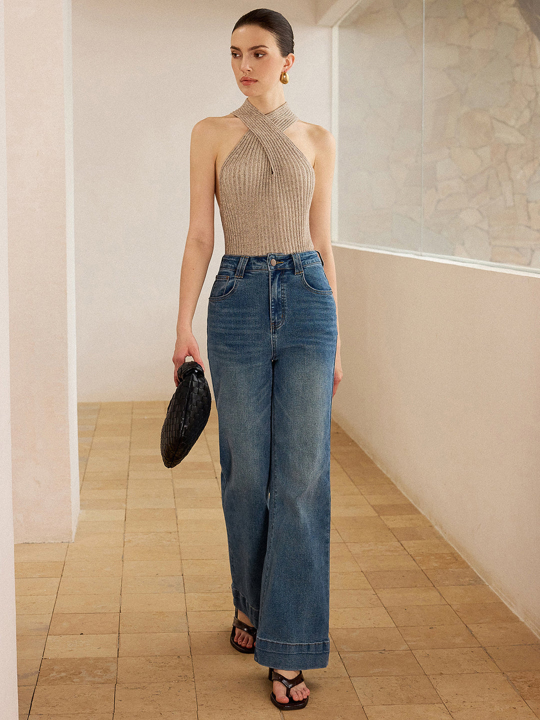 Cross-Strap Halter Neck Knit Top