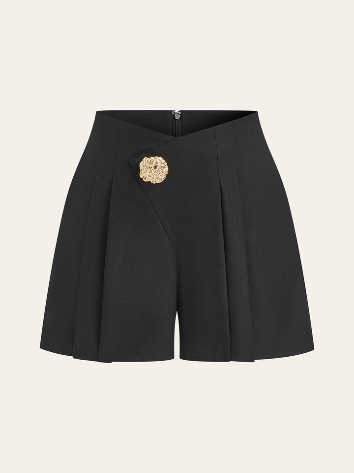 Mid-Waisted Pleated Shorts with Metal Button