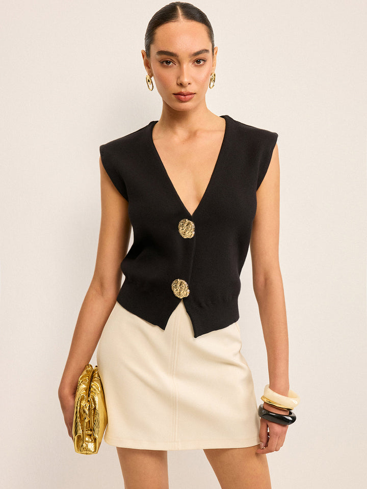 Metal Button V-Neck Knit Vest