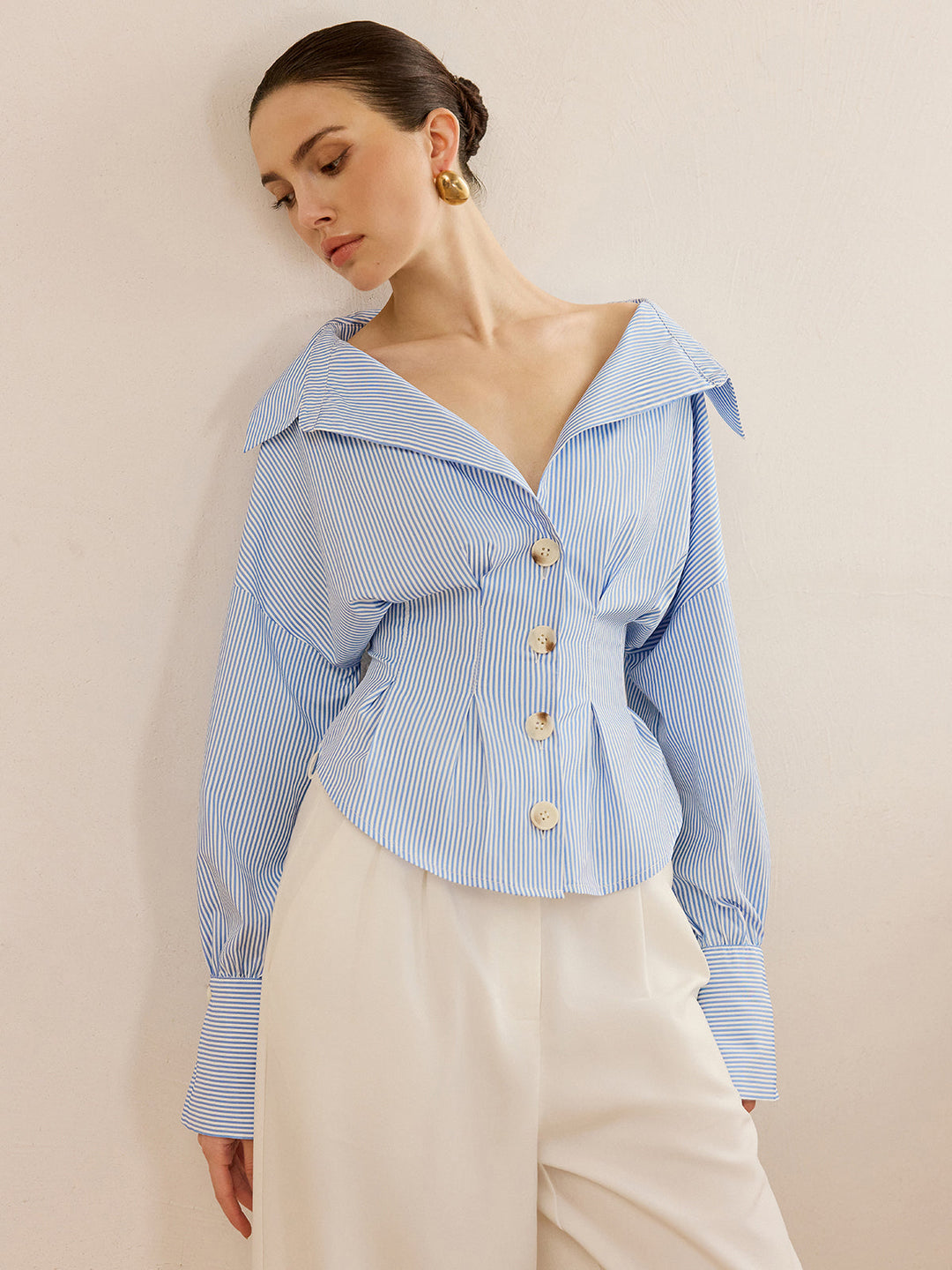 Striped Collared Shirt with Waist-Cinching Design