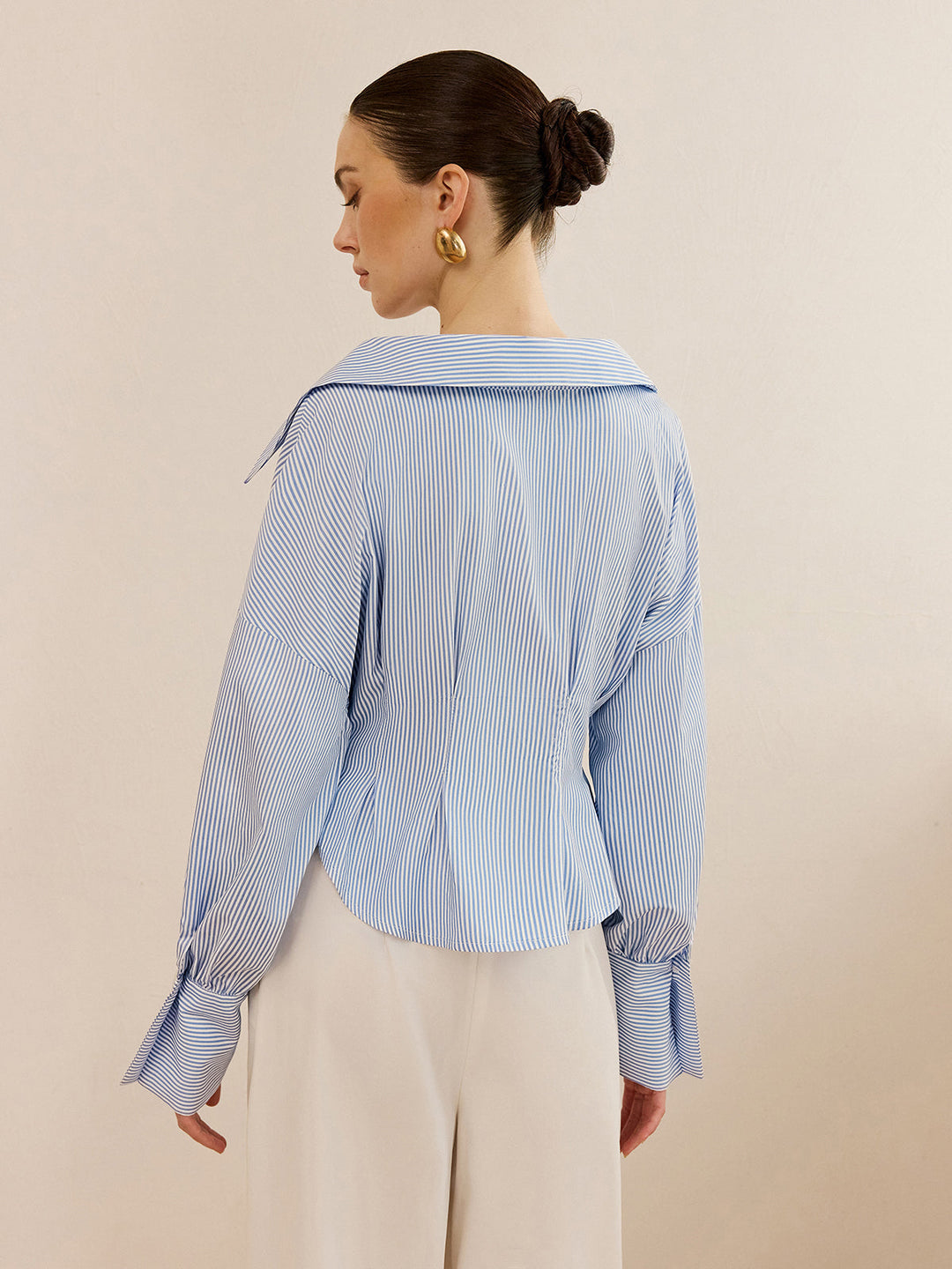 Striped Collared Shirt with Waist-Cinching Design