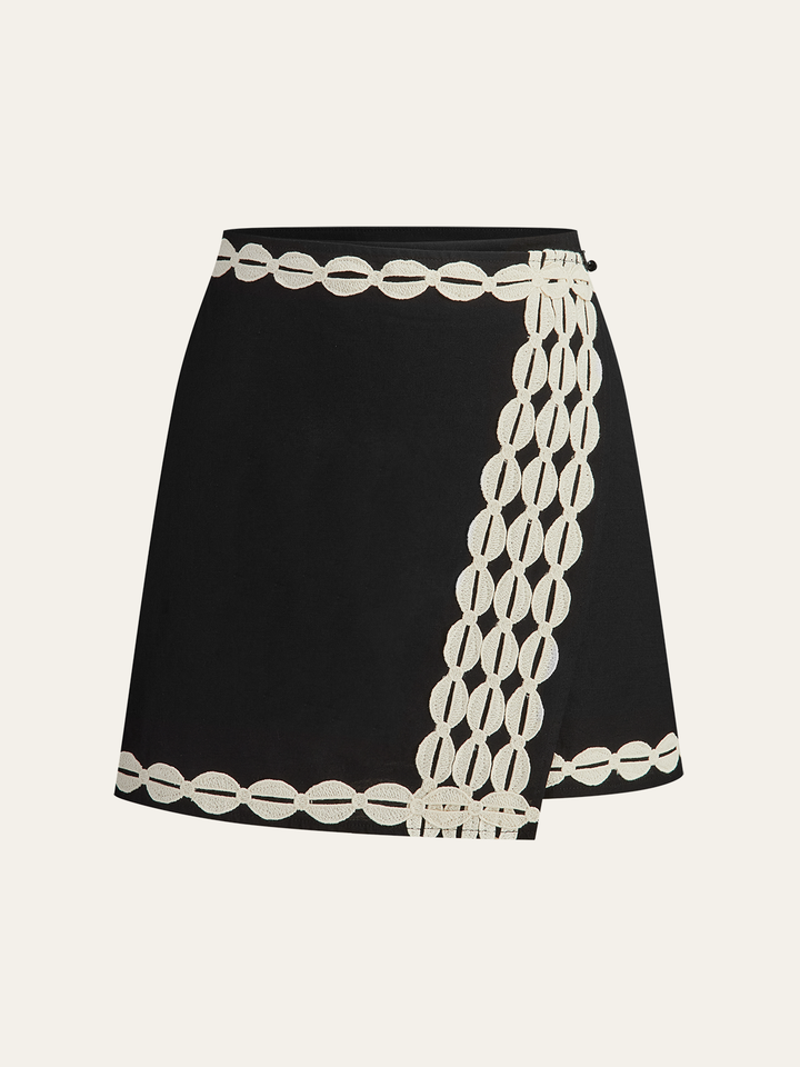 Color-Block Woven-Trim Wrap Mini Skirt