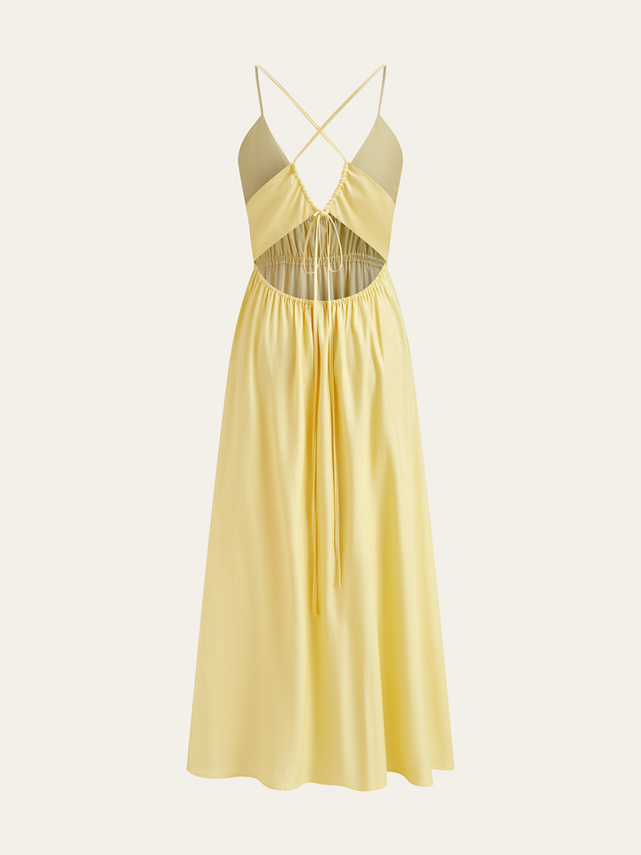 Spaghetti Strap Maxi Dress with Ruched Waist and Crisscross Back