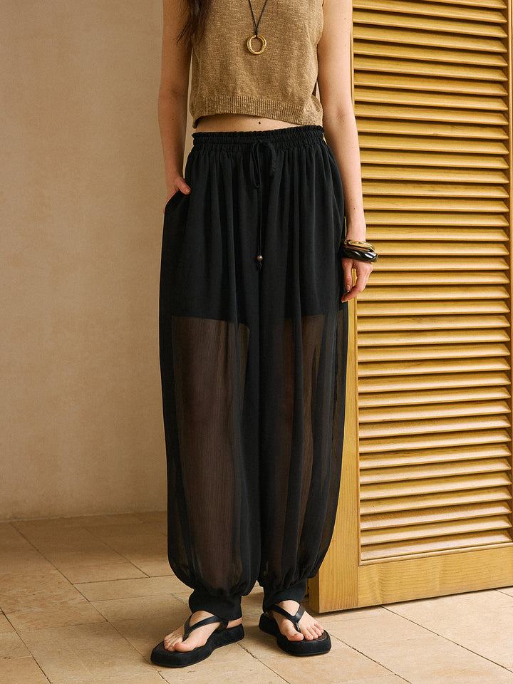 Sheer Chiffon Pants with Elastic Waist and Ankle Cuffs