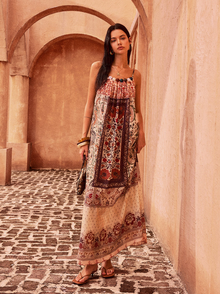 Paisley Printed Beaded Maxi Dress