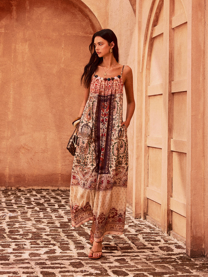 Paisley Printed Beaded Maxi Dress