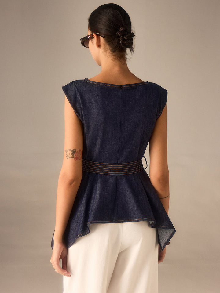 Denim Peplum Belted Top with Asymmetric Hem