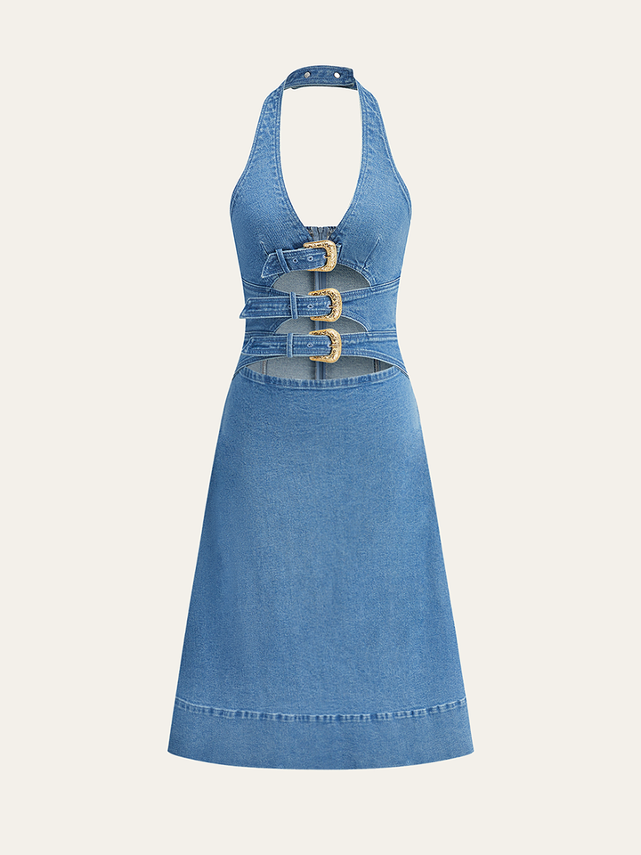 Semi-Sheer Halter Neck Cut-Out Denim Dress